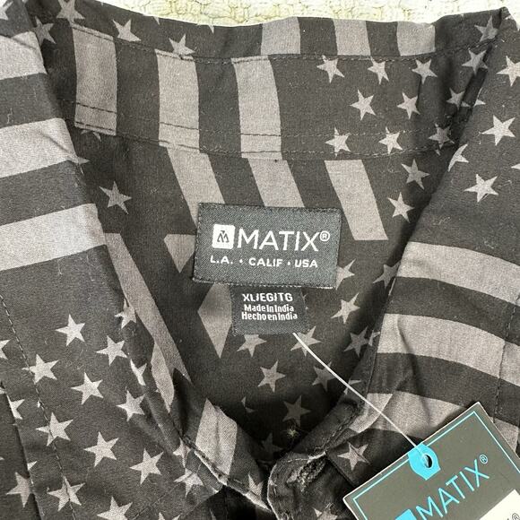 Matix Men's XL Black Gray American Flag Button Up Short Sleeve Shirt NWT - Picture 3 of 7